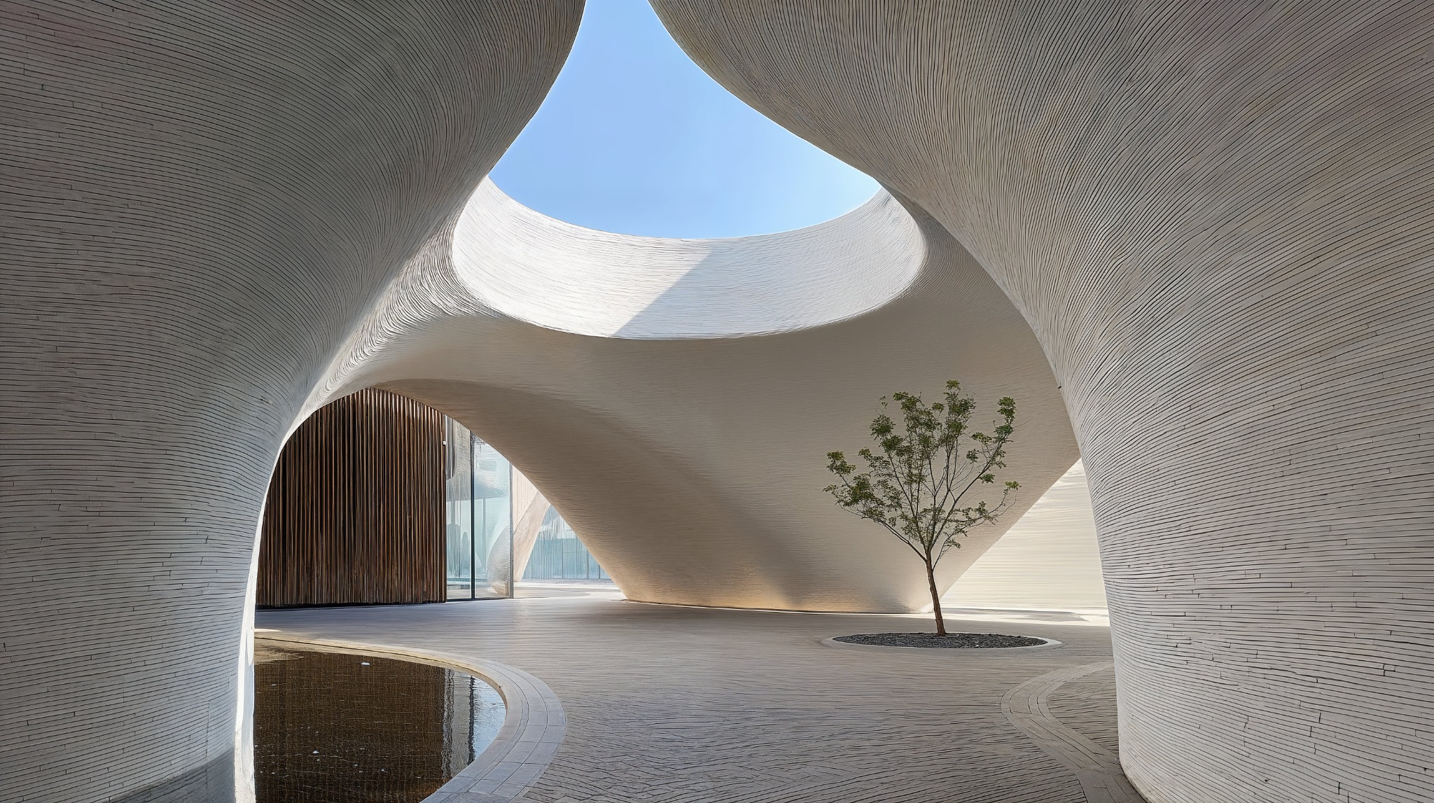 Organic white architecture opening toward the sky around a solitary tree